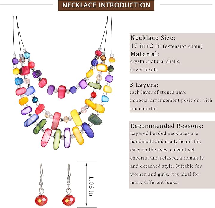 3 Layered Chunky Statement Necklace for Women Beaded Strand Necklaces with Earring Fashion Costumes Collar Necklace Jewelry Sets Gifts for Women
