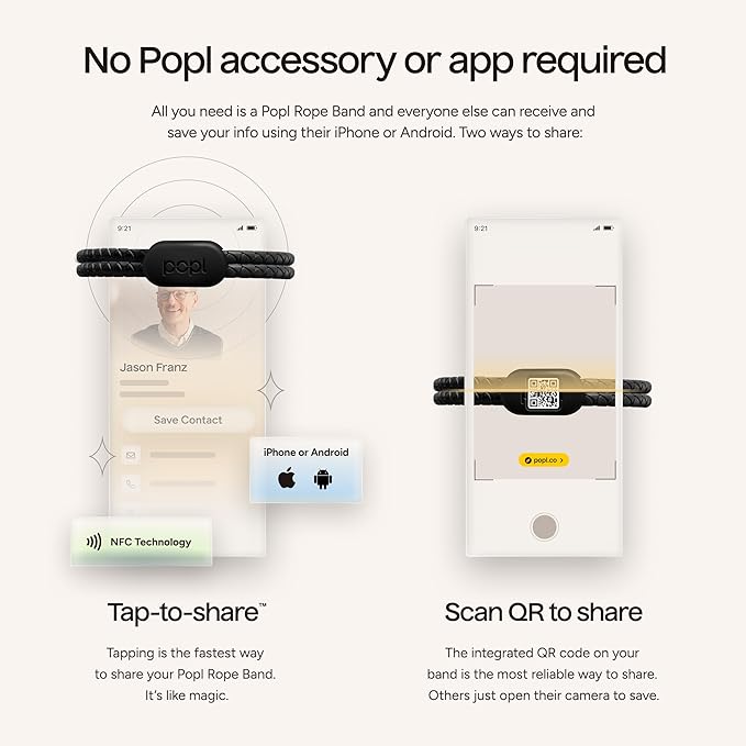 Popl Rope Band - Digital Business Card Bracelet Wearable - Tap to Share NFC & QR Code - Compatible with iPhone & Android (Black Rope Style)