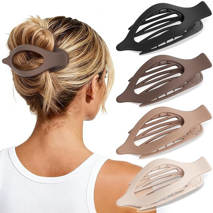 4 PCS Large Flat Hair Clips for Women Girls, French Concord Lay Down Hair Claw Clips for Thick Thin Hair, Comfortable Curved Flat Clips, Matte Non-slip Strong Hold Hair Accessories, Neutral