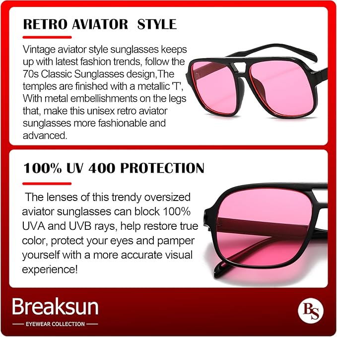 Retro Aviator Sunglasses for Women Men Trendy Classic 70s Square Aviator Sun Glasses Vintage Shades