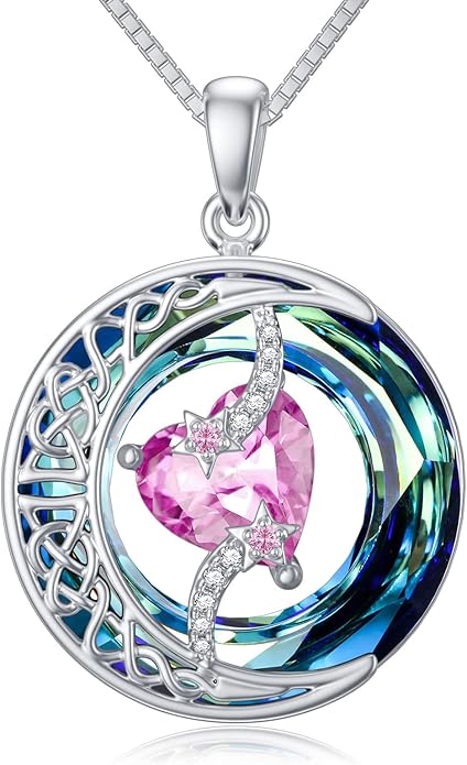 TOUPOP Birthstone Necklace 925 Sterling Silver Moon and Star Pendant with Blue Crystal Celtic Moon Jewelry Birthday Valentines Day Gifts for Women Mom Wife Her