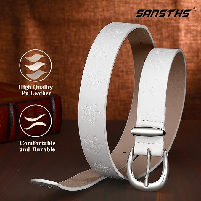 SANSTHS Womens Belt for Jeans Pants Dresses with Alloy Buckle, Floral Print Belt for Women with Unique Print Design