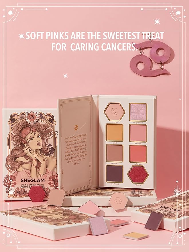 SHEGLAM Glitter Metallic Eyeshadow Palette 8-Color High Pigment Pink Dark Purple Long Wearing Horoscope Collection Eye Shadow Palette - Caring Cancer