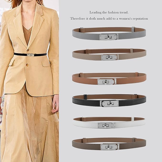 Women's Skinny Leather Belt with Adjustable Silver Turn-Lock Buckle - Ideal for Dresses, Jeans, and Coats, Black