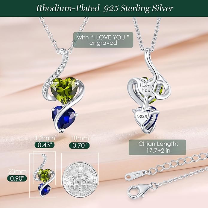 LOUISA SECRET Unique Double Heart Necklace Gifts for Wife Women, 925 Sterling Silver Tiny Birthstone Pendant Jewelry Gift for Her Girlfriend Mom Valentine's Day Anniversary Mother's Day Birthdays & Christmas