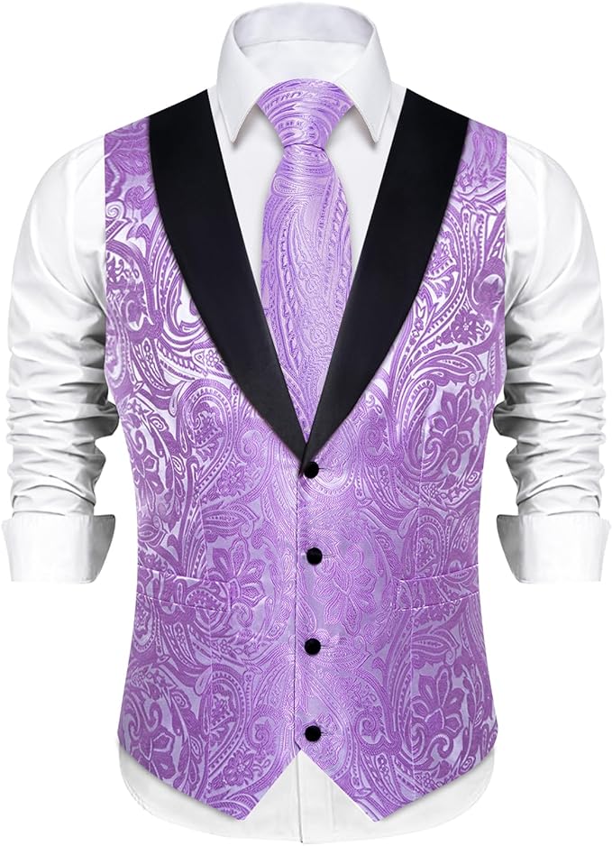 DiBanGu Mens Paisley Suit Vest Silk Jacquard Waistcoat and Necktie Set Formal Shawl Collar Dress Vest 7PCS for Wedding Party