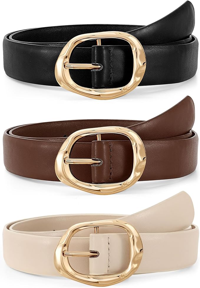 JASGOOD 3 Pack Women Belts for Jeans Pants Ladies Leather Waist Belt Casual Fashion Trend Belt for Women with Gold Buckle