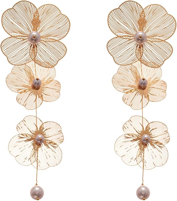 Chunky Flower Earrings 14K Gold Plated Geometry Petal Earrings Vintage Hollowing Out Layered Dangle Earring Fashion Exaggeration Jewelry for Women
