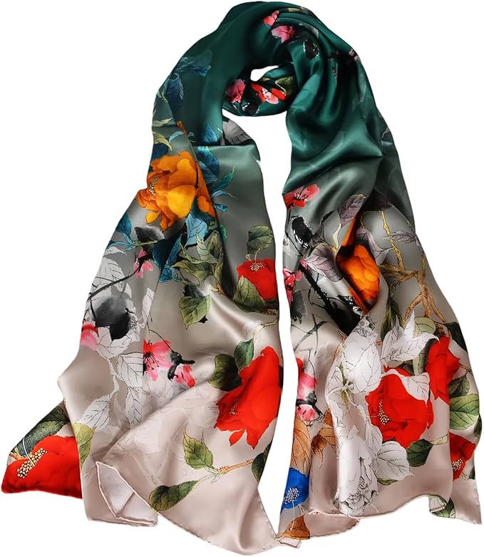 100% Mulberry Silk Scarf for Women Neck Oblong Headscarves Long Floral Print Lightweight Silk Wraps Shawls 67"*20"