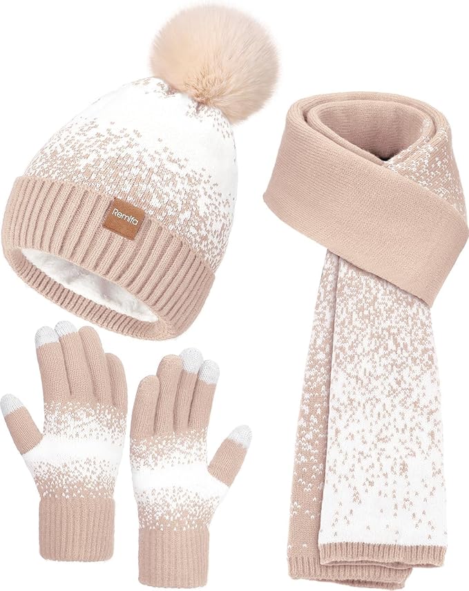Remifa Womens Winter Beanie Hat Scarf Gloves Set, Pom Pom Warm Hat Long Knit Scarf Touchscreen Gloves 3 In 1 Christmas Gift