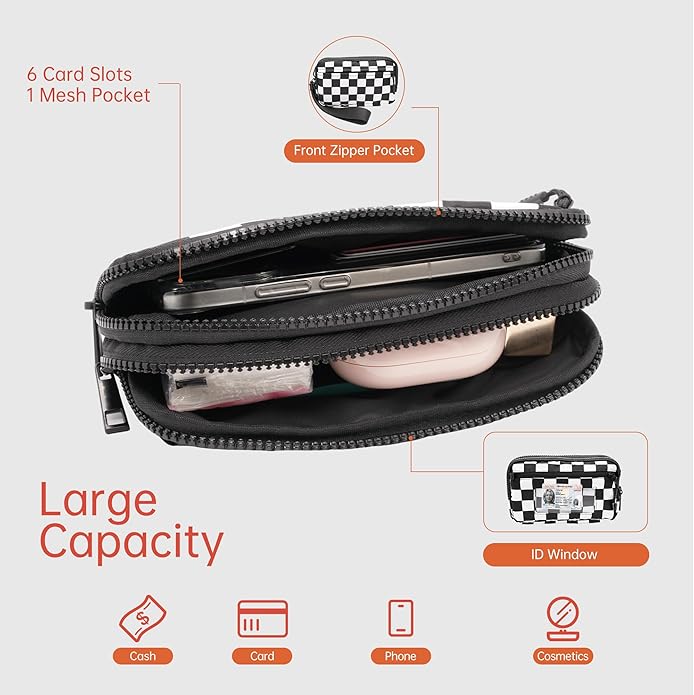 Wristlet Wallets for Women Checkered Nylon Quilted Wallet Travel Crossbody Bags with 4 Zippers Coin Card Phone Holder