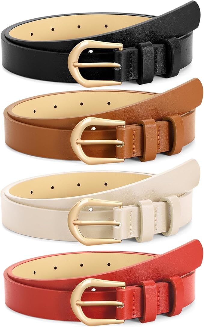 VONMELLI 4 Pack Womens Thin Leather Belt Skinny Waist Belts for Women Fashion Jeans Dress with Gold Buckle