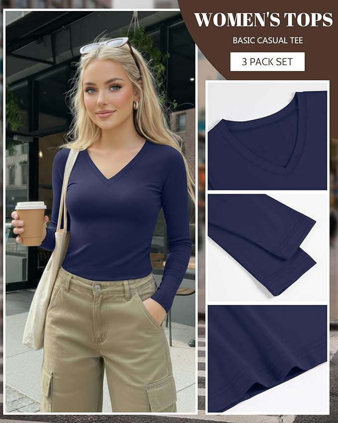 Ficerd 3 Pack Women's Long Sleeve Shirts, V Neck Basic Tees Slim Fitted Casual Fall Tops Going Out Blouses T Shirts