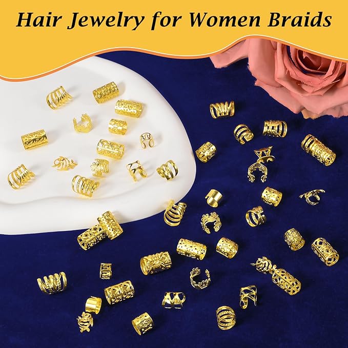 100PCS Gold Hair Jewelry for Women Braids, Hair Accessories for Girls Women, Assorted Gold Hair cuffs Ear Clips Loc Beads for Hair Decoration