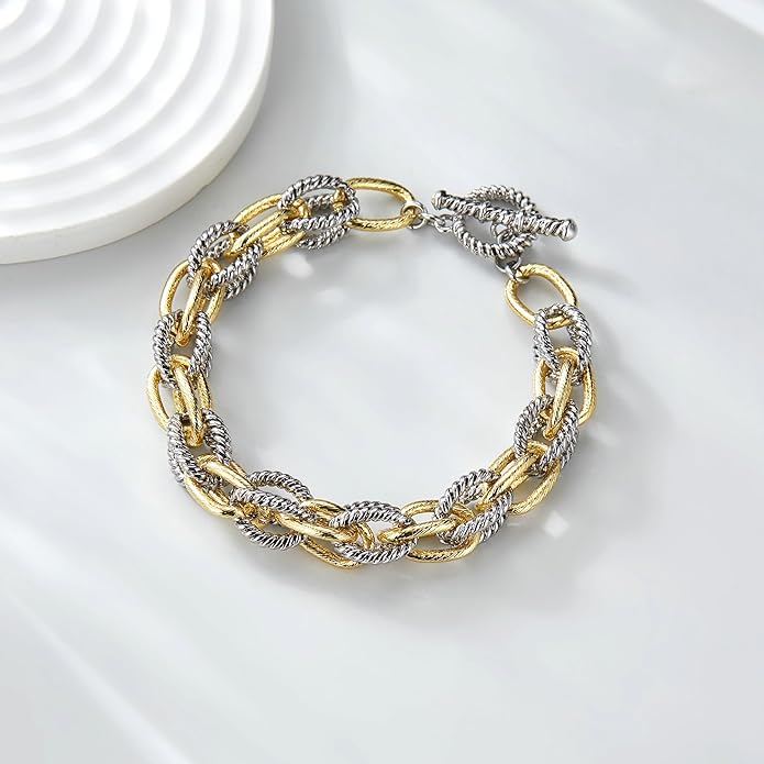 Mytys Chunky Chain Link Bracelet Two-Tone Mixed Metal Textured Toggle Clasp Statement Bangle Bracelet Jewelry for Women Fashion