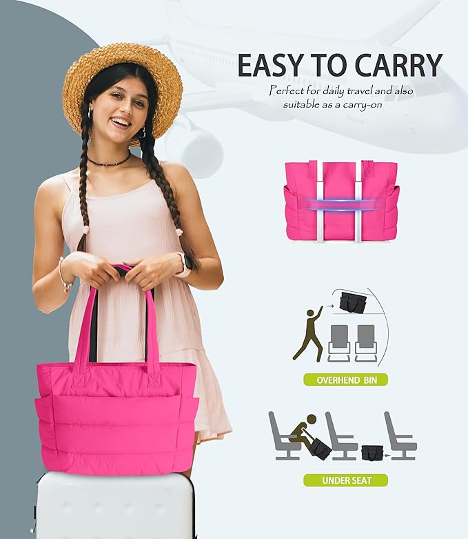 Puffer Tote Bag for Women, Cute Quilted Carryall with Zippered Compartments Shoulder Bag Handbag for Work, Travel, Gym