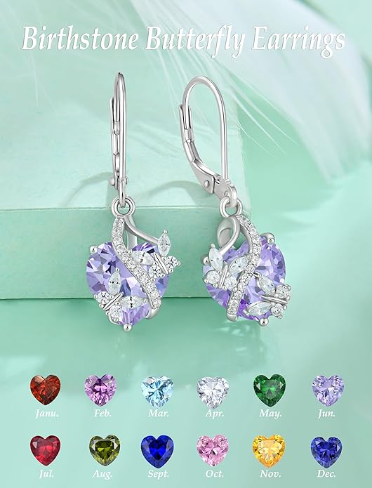 Butterfly Earrings for Women 925 Sterling Silver Heart Earring Birthstone Jewelry