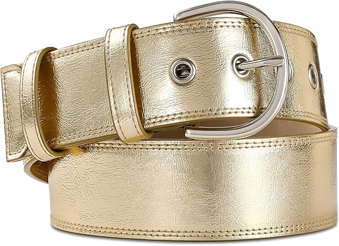 Women Casual Leather Gold Belt for Jeans Pants, Fashion Ladies Girls Gold Faux Leather Waist Belt