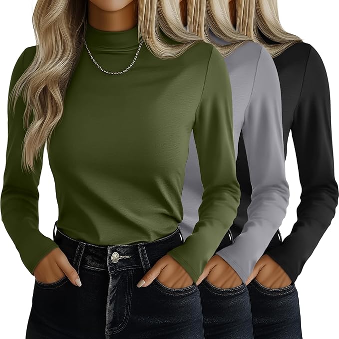Ficerd 3 Pack Women's Mock Turtleneck Shirts, Long Sleeve Mock Neck Pullover Tops Slim Fitted Stretch Undershirt Tee Blouse