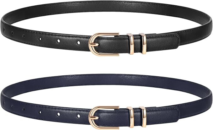 2 Pack Women Skinny Leather Belts for Jeans Pants Thin Faux Leather Belt with Gold Buckle