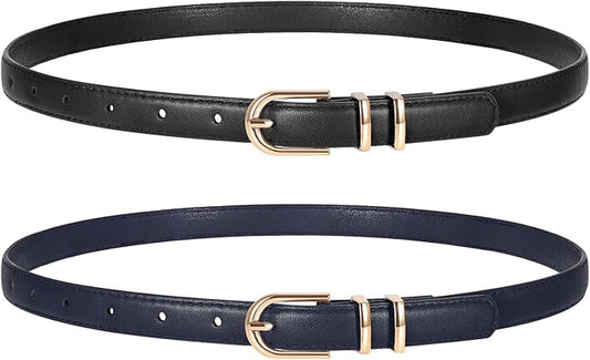 2 Pack Women Skinny Leather Belts for Jeans Pants Thin Faux Leather Belt with Gold Buckle
