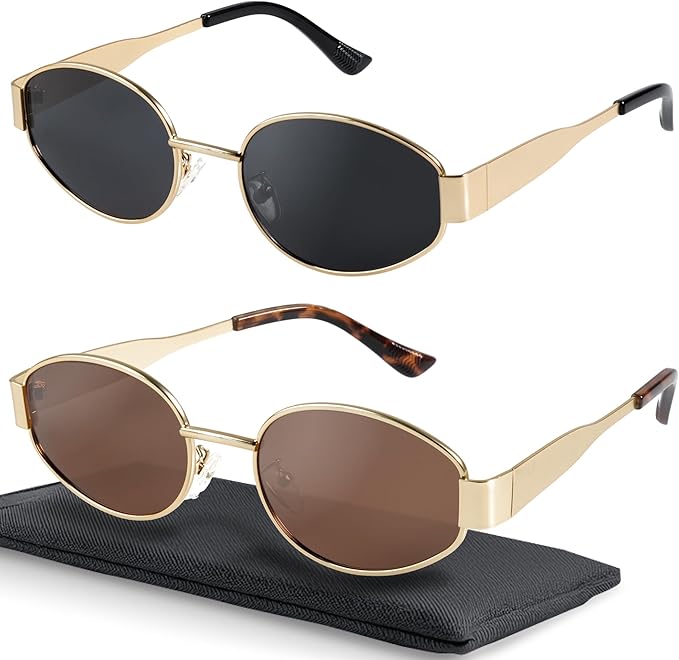 livho Retro Polarized Sunglasses - UV400 Protection, Oval Shape, Metal Frames - Matching Soft Case Inlcuded