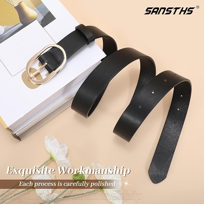 SANSTHS Women Faux Leather Chic Belts for Jeans Pants Fashion Ladies Belt Solid Color with Gold Curved Pin Buckle