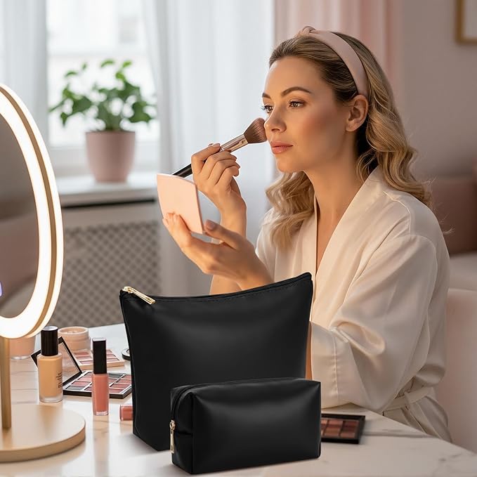 Kigeli 2 Pcs PU Leather Makeup Bag Set for Women Aesthetic Cosmetic Bag Small Toiletry Travel Pouch for Purse Emergency Skincare Organizer Valentine Gifts for Bridesmaid Birthday(Black)