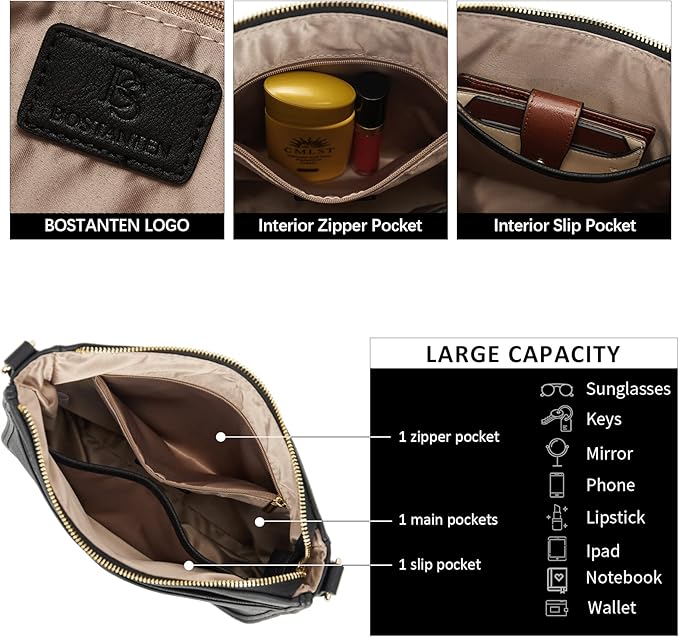 BOSTANTEN Crossbody Bags for Women Trendy Vegan Leather Hobo Purses Shoulder Handbags With Wide Shoulder Strap