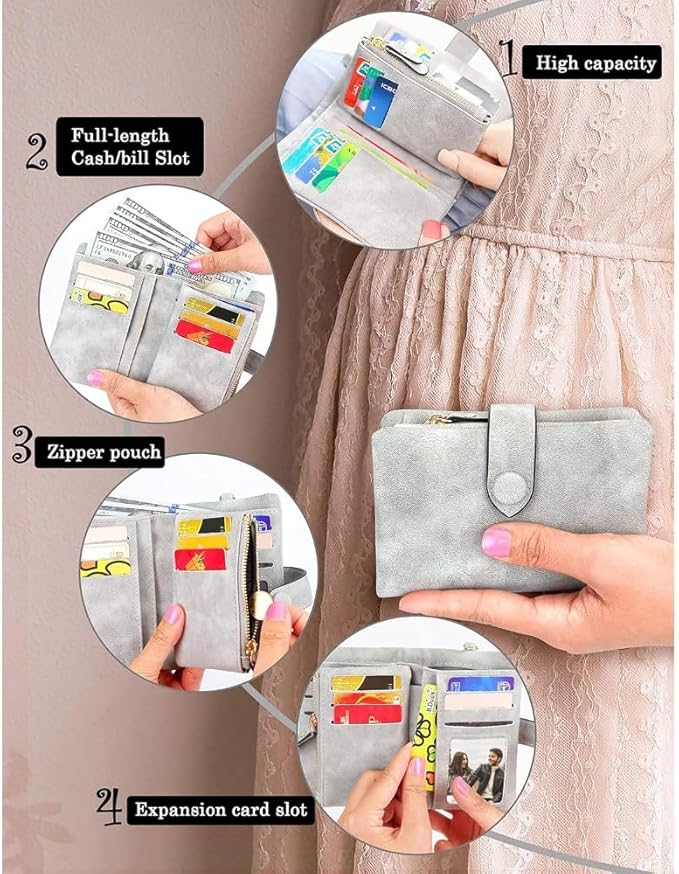 Women's Leather Wristlet Wallet, Bifold RFID Purse with ID Window, Zipper Coin Pocket for Daily Essentials (grey)