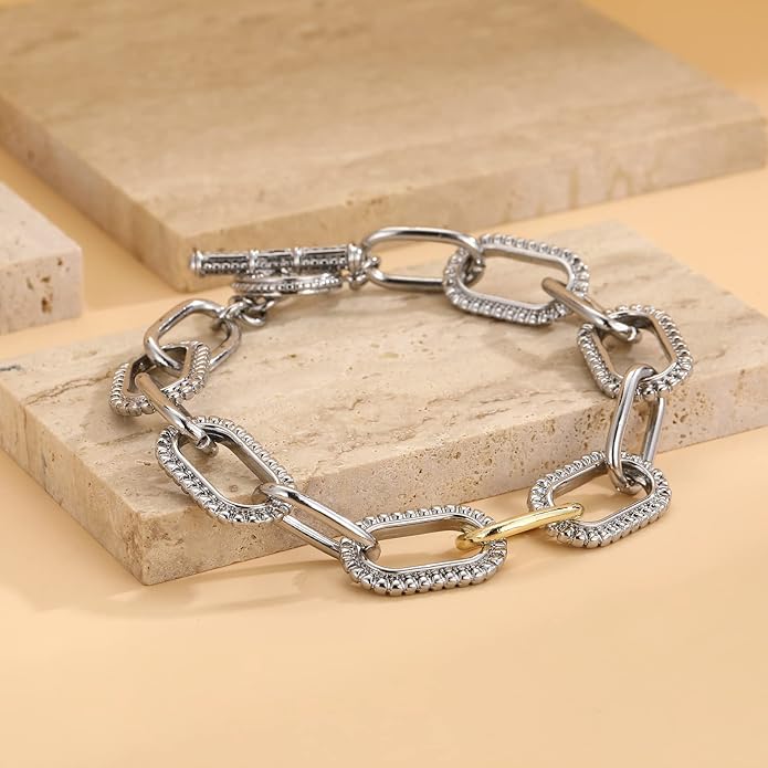 Mytys Link Bracelet for Women Gold and Silver 2 tone Circles Chain Wire Bangle Bracelets