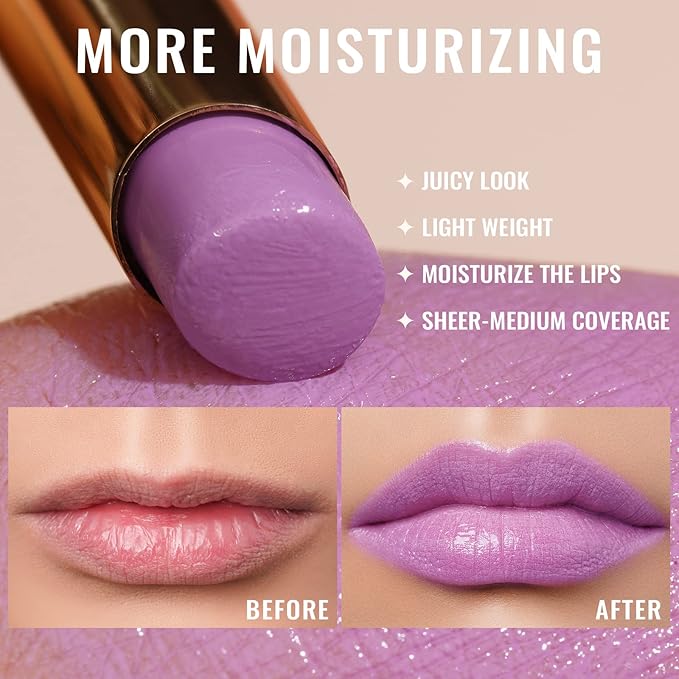 Oulac Pinky Purple Lipstick - Moisturizing Lip Stick Glossy Tinted Lip Balm, Sheer Shine Juicy Finish, Lightweight and Hydrating Formula for Dry Lip Care, Vegan 2.2g/0.07oz (10)