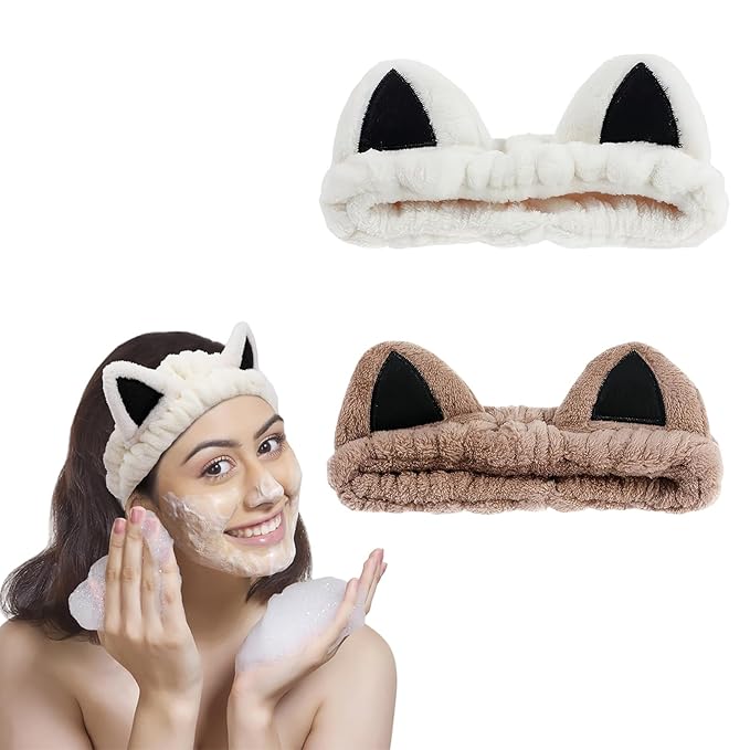 2 Pcs Ultra Soft Cat Ear Headband, Spa and Makeup Headbands for Women, Plush Coral Fleece Blend Headbands for Facial Care, Cute Hair Accessories Gift