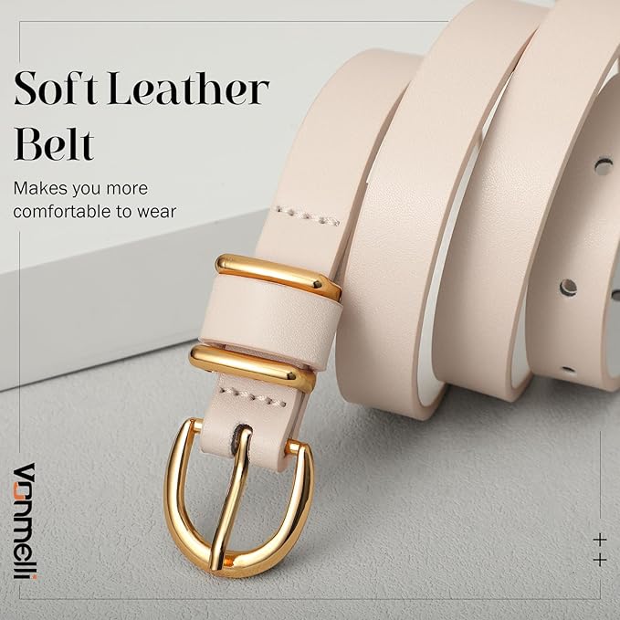 VONMELLI Womens Skinny Leather Belt Thin Waist Belts for Women Fashion Dress Jeans with Gold Buckle