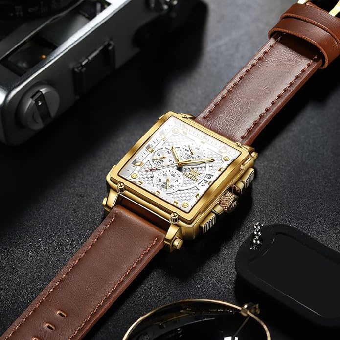 OLEVS Men's Casual Leather Watch, Big Face Chronograph Watch for Men, Fashion Easy to Read Dress Watch, Men's Waterproof Luminous Date Analog Watch, Gold/Black/White/Blue Dial