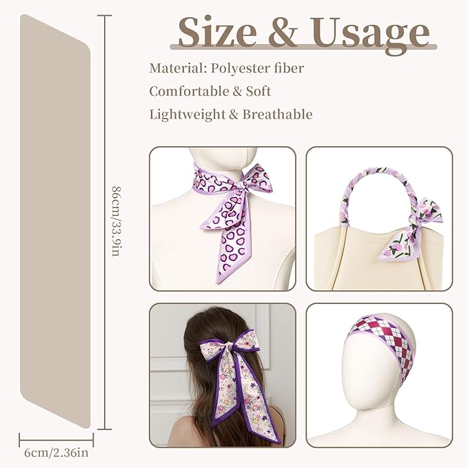 4 Pack Purse Scarf Handbags Skinny Twill Hair Scarves Narrow Neck Scarf Band Women Fashion Accessories Bag Charms