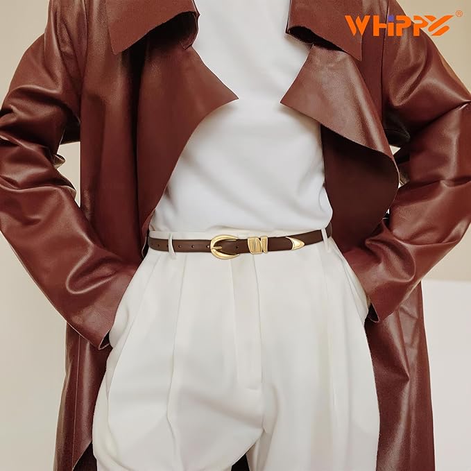 WHIPPY Women Skinny Leather Belt for Jeans Pants Dresses Ladies Fashion Waist Belt with Shiny Gold Buckle