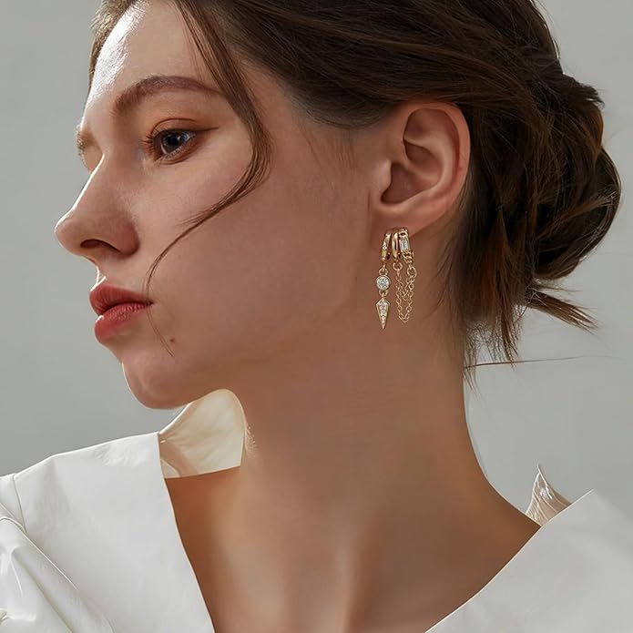 14K Gold Plated Hoop Earrings for Women Triple Huggie Illusion Stud Earring | Double Huggie Hoop Earrings for One Hole | Claw Ear Cuff Earring Jewelry Gift for Women