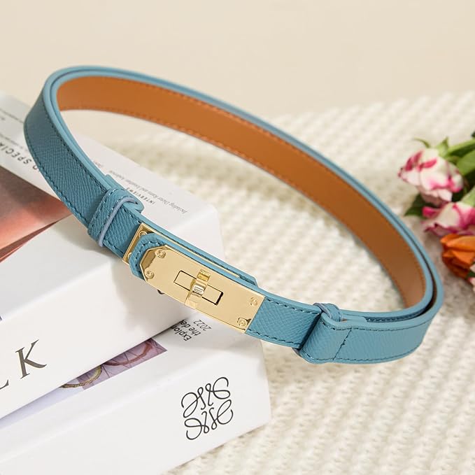 Skinny Leather Belts for Women with Adjustable Silver Turn-Lock Buckle for Dresses Jeans and Pants