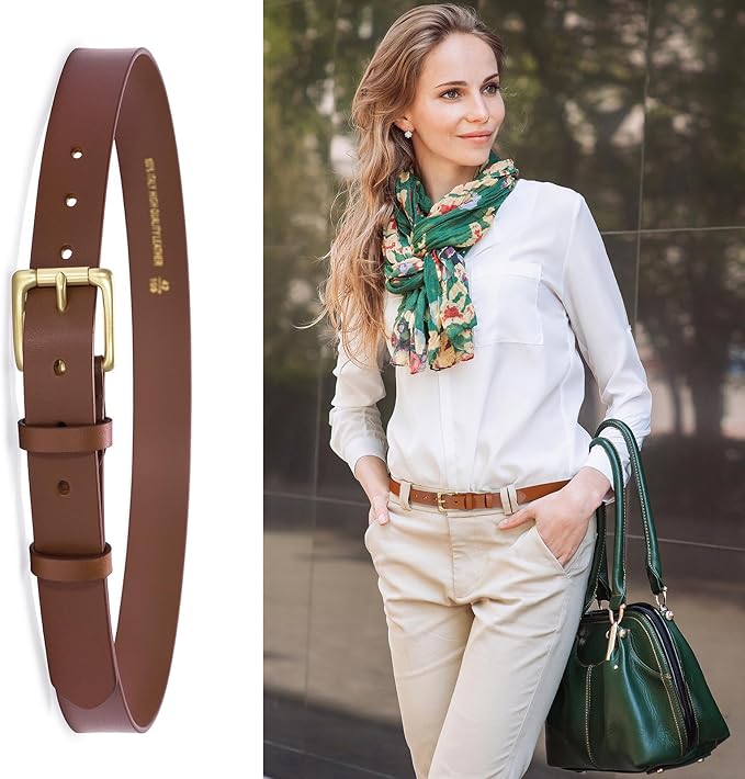 Womens Belts for Jeans 1.1" Width Ladies Belts for Dresses Full Grain Leather Gold Buckle Belt Gift Box