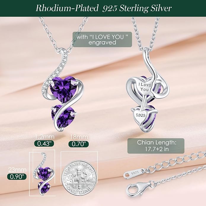 LOUISA SECRET Unique Double Heart Necklace Gifts for Wife Women, 925 Sterling Silver Tiny Birthstone Pendant Jewelry Gift for Her Girlfriend Mom Valentine's Day Anniversary Mother's Day Birthdays & Christmas