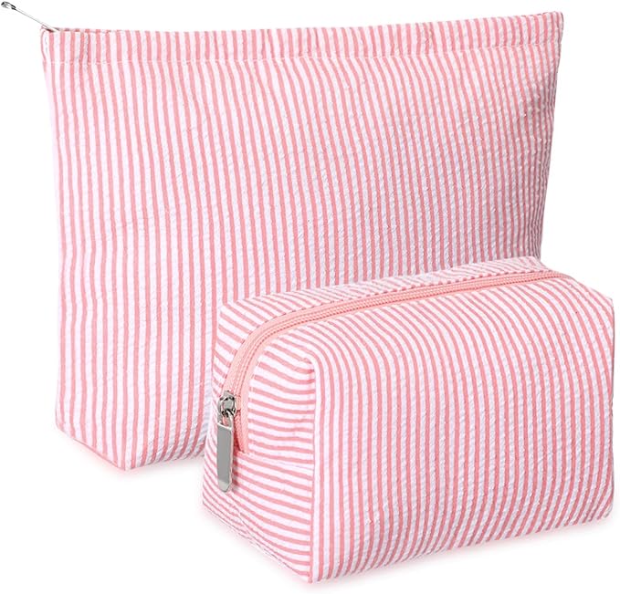 2 Pieces Makeup Bag Set Cute Cosmetic Pouch for Women Seersucker Travel Toiletry Bag Preppy Small Makeup Purse Pouch Aesthetic Skincare Brushes Storage Organizer for Christmas Women(Rose Pink)