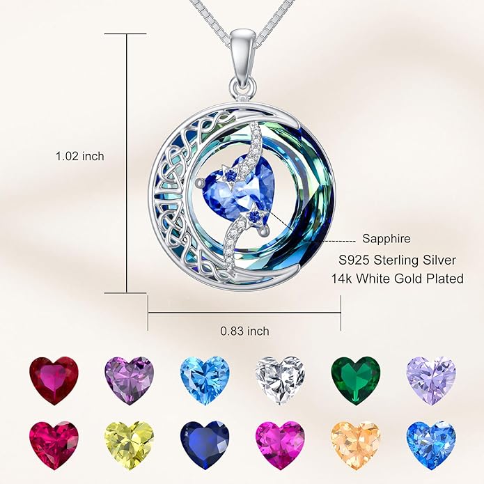 TOUPOP Birthstone Necklace 925 Sterling Silver Moon and Star Pendant with Blue Crystal Celtic Moon Jewelry Birthday Valentines Day Gifts for Women Mom Wife Her