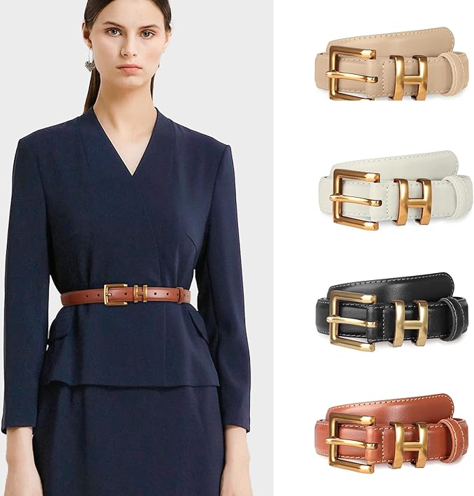 Women's Fashion Classic Metal Buckle Leather Belt with Jeans Dress