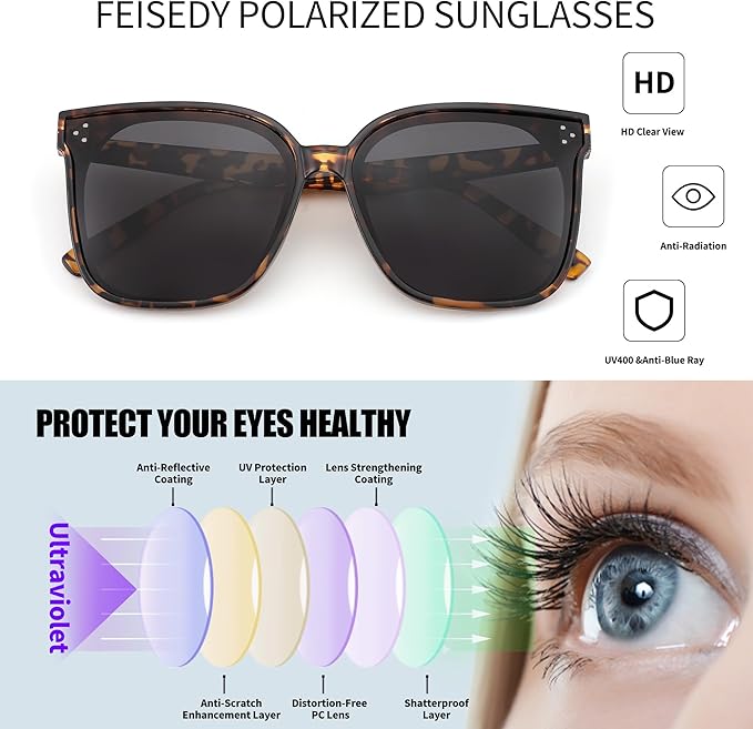 FEISEDY Oversized Polarized Sunglasses - UV400 Protection, Square Fashion Sun Glasses for Outdoor & Daily B2600