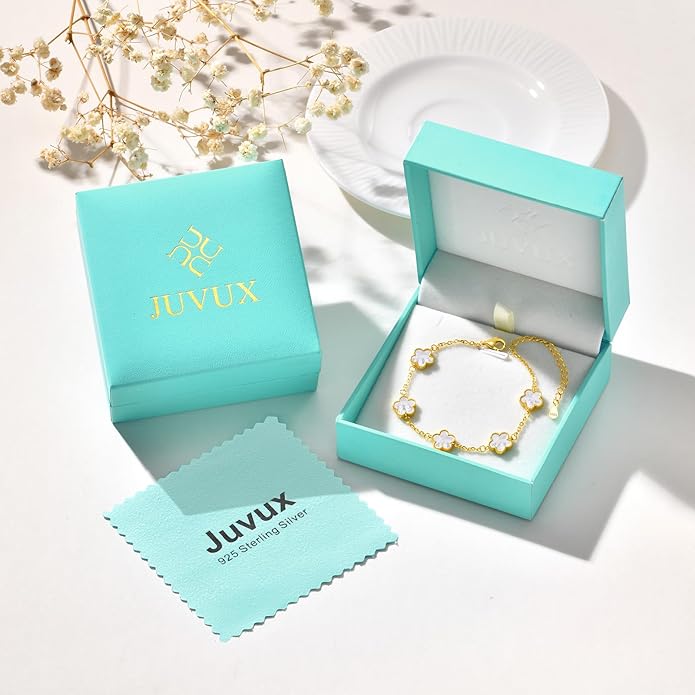 925 Sterling Silver Four Leaf Clover Bracelet for Women - 14K Gold Plated Flower Four Leaf Women's Lucky Bracelet Adjustable Link Chain Bracelets Charm Trendy Design Dainty Jewelry Gifts for Women