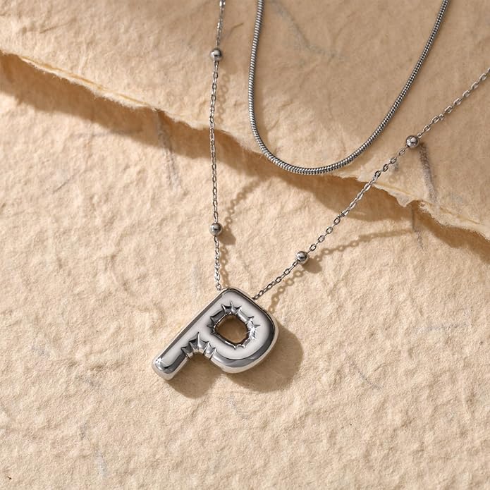 LUCA SMITH Initial Necklaces for Women, Dainty Balloon Bubble Letter, Name Letter Alphabet Pendant Layered Choker Chain Jewelry Gift