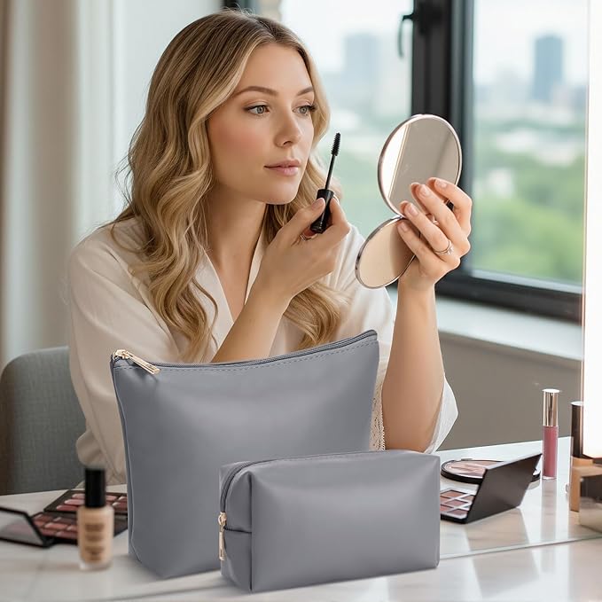 Kigeli 2 Pcs PU Leather Makeup Bag Set for Women Aesthetic Cosmetic Bag Small Toiletry Travel Pouch for Purse Emergency Skincare Organizer Valentine Gifts for Bridesmaid Birthday(Gray)