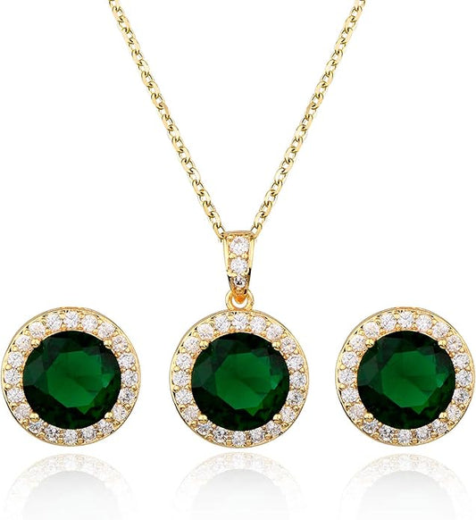 Bridal Crystal Jewelry Set - Sterling Silver Round Cubic Zirconia CZ Rhinestone Halo Birthstone Pendant Necklace Stud Earrings Set for Wedding Bride Bridesmaids Birthday Gift