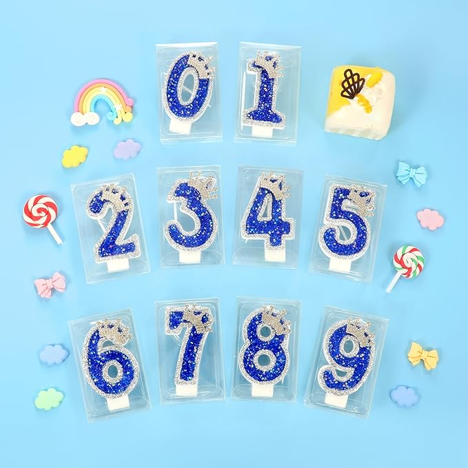 Blue Birthday Candle Crown Number 9 Candle with Sequins Cake Candles Cupcake Decorations Party Decor for Anniversary Celebrations Supplies